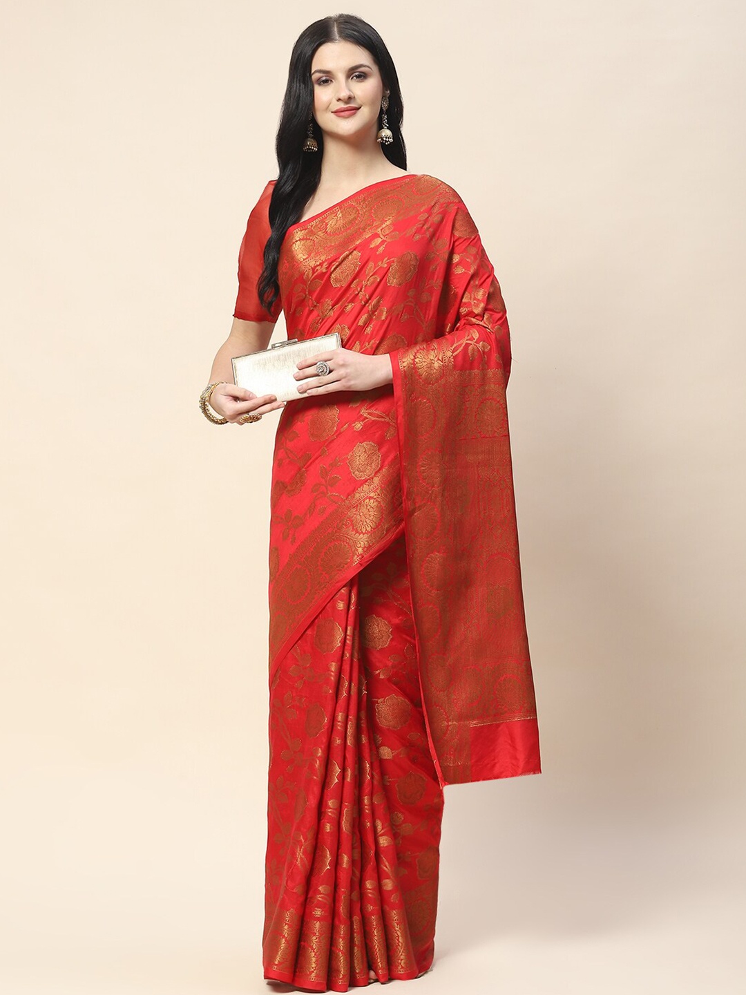 

Meena Bazaar Floral Woven Design Zari Saree, Red