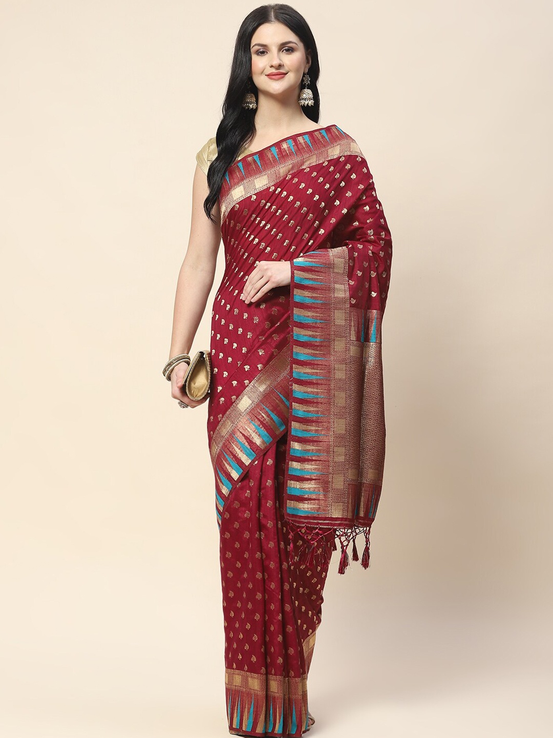 

Meena Bazaar Woven Design Zari Art Silk Saree, Burgundy