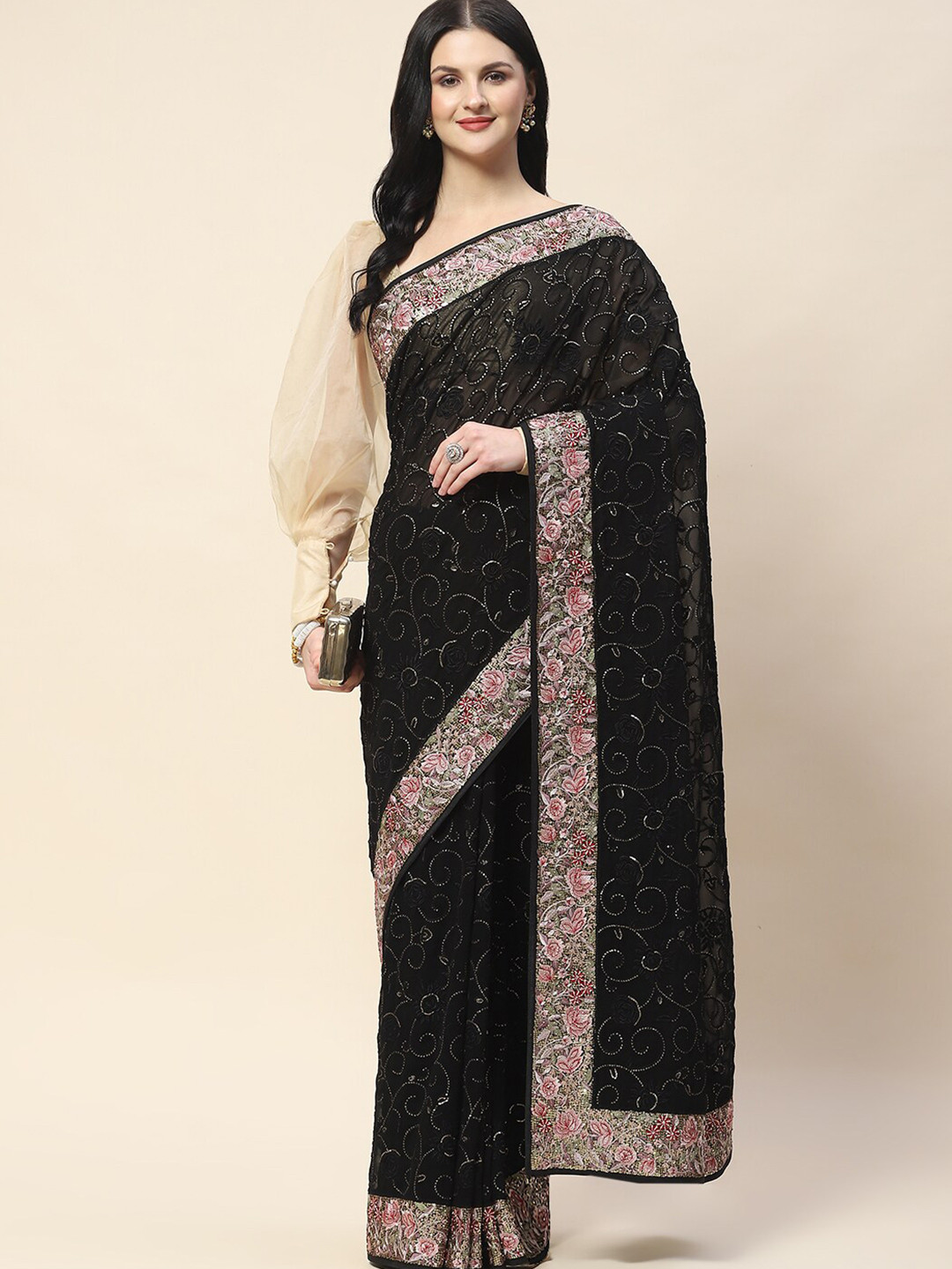 

Meena Bazaar Floral Embellished Saree, Black