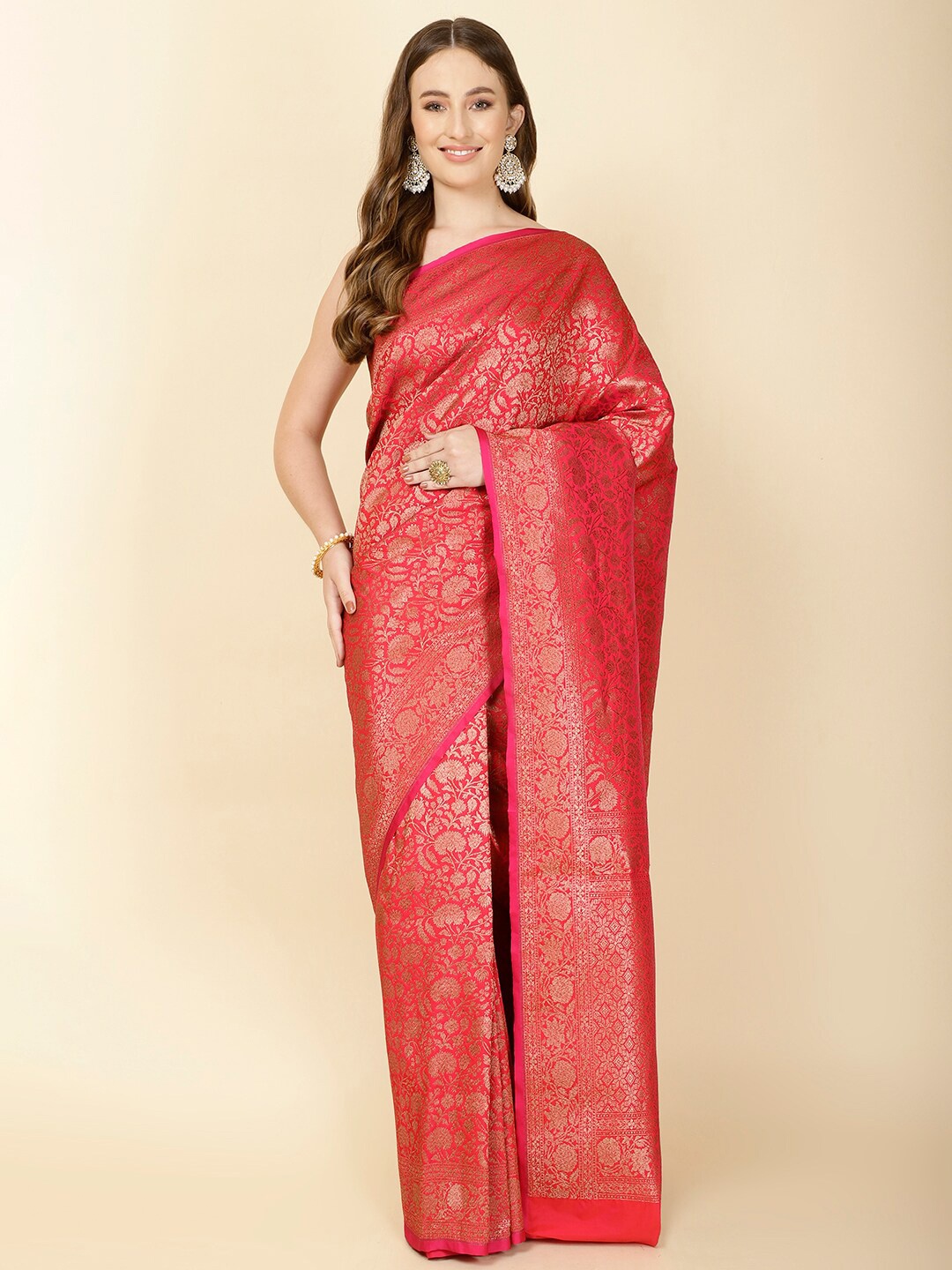 

Meena Bazaar Floral Woven Design Zari Banarasi Saree, Pink