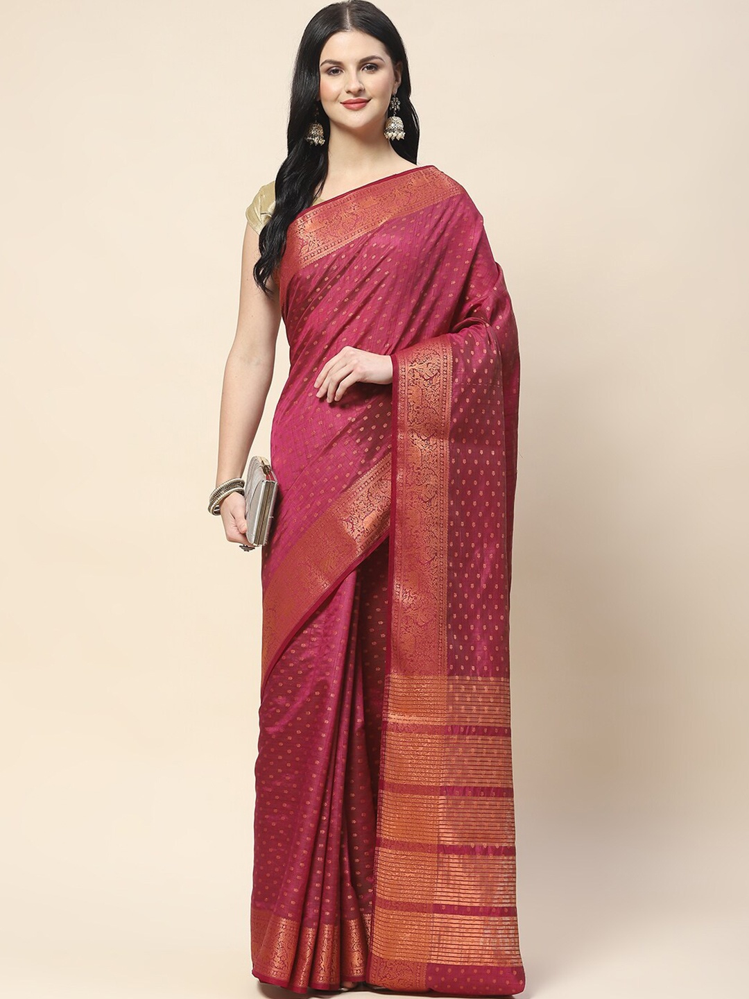 

Meena Bazaar Ethnic Motifs Woven Design Zari Saree, Burgundy