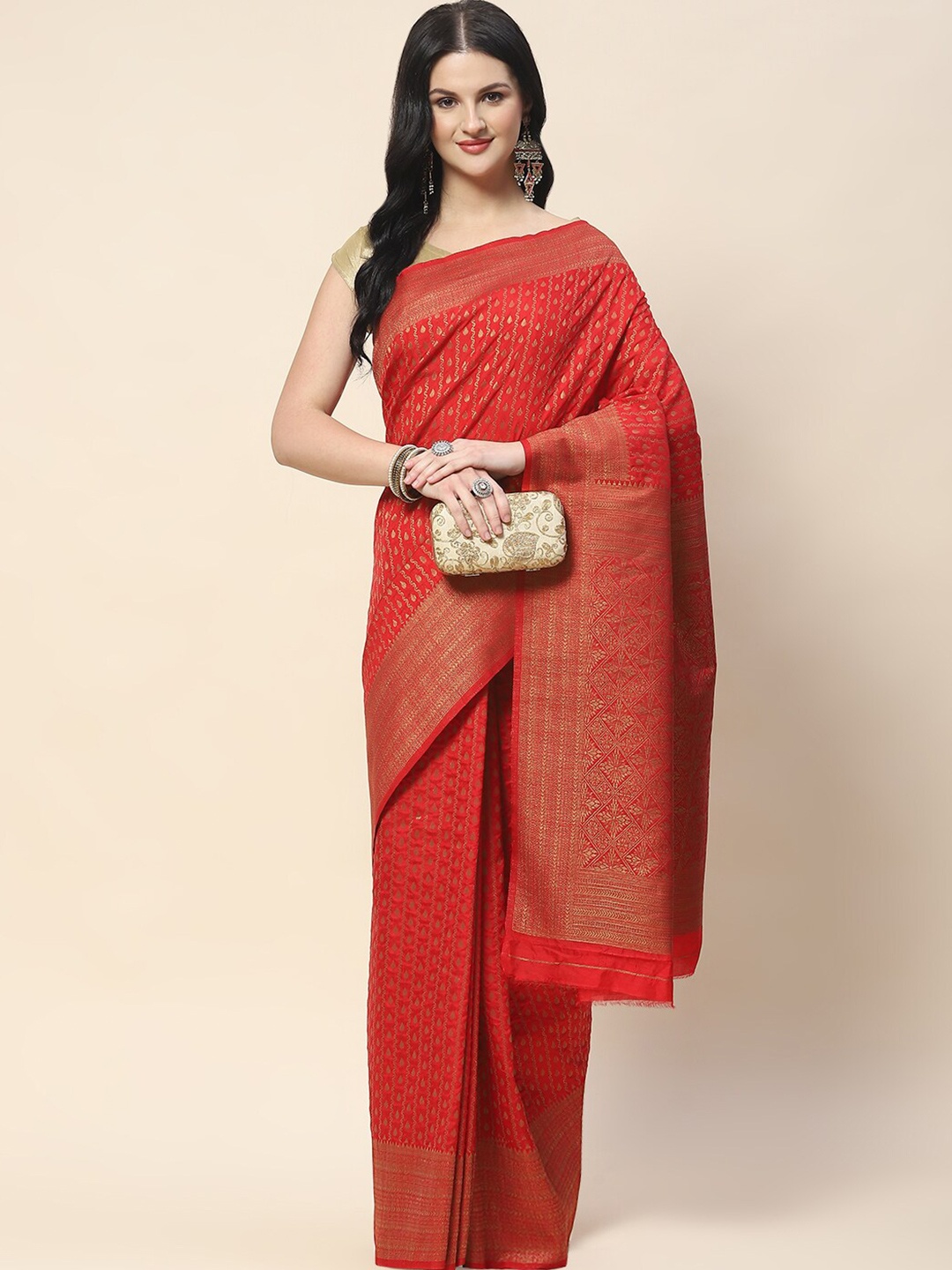 

Meena Bazaar Ethnic Motifs Woven Design Zari Saree, Red