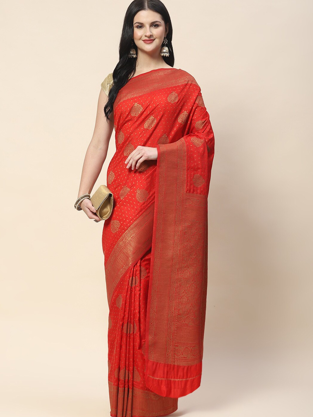 

Meena Bazaar Ethnic Motifs Woven Design Zari Saree, Red