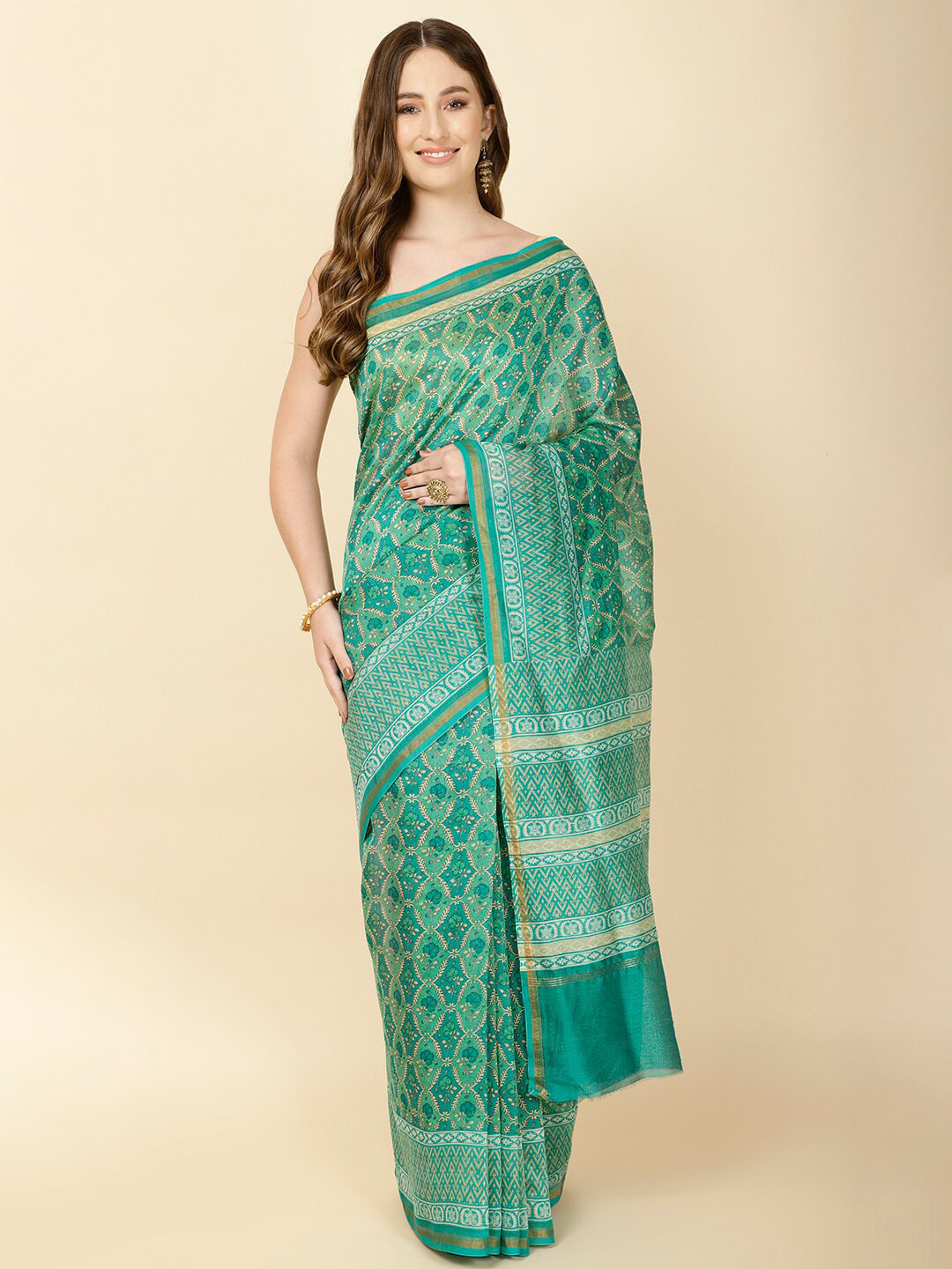 

Meena Bazaar Ethnic Motifs Printed Zari Saree, Green