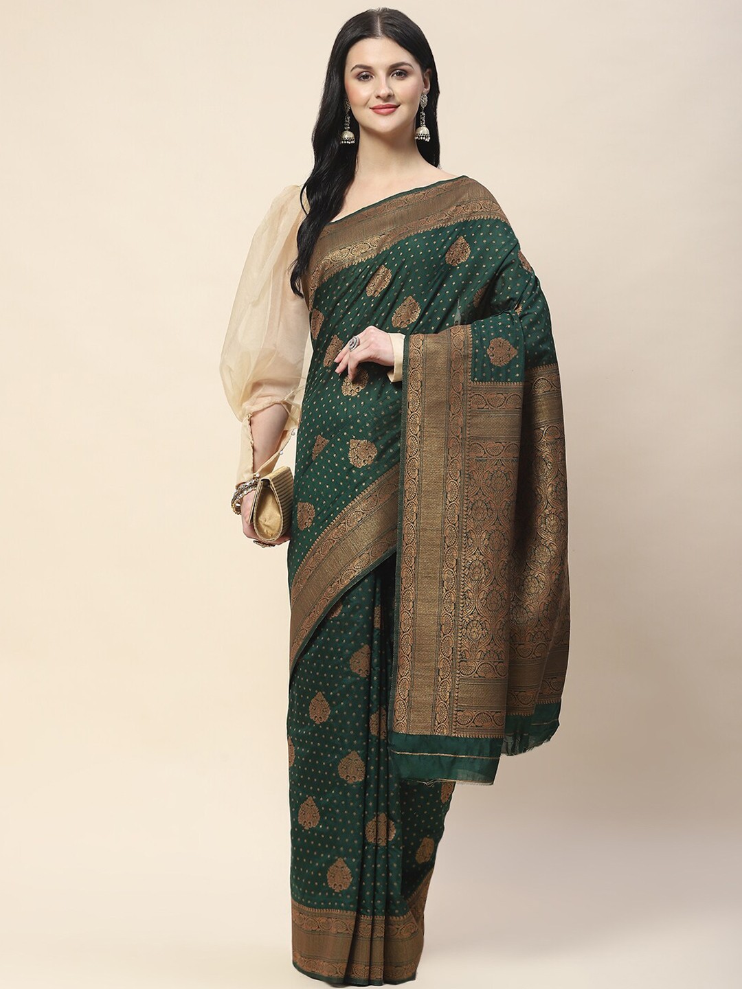 

Meena Bazaar Ethnic Motifs Woven Design Zari Saree, Green