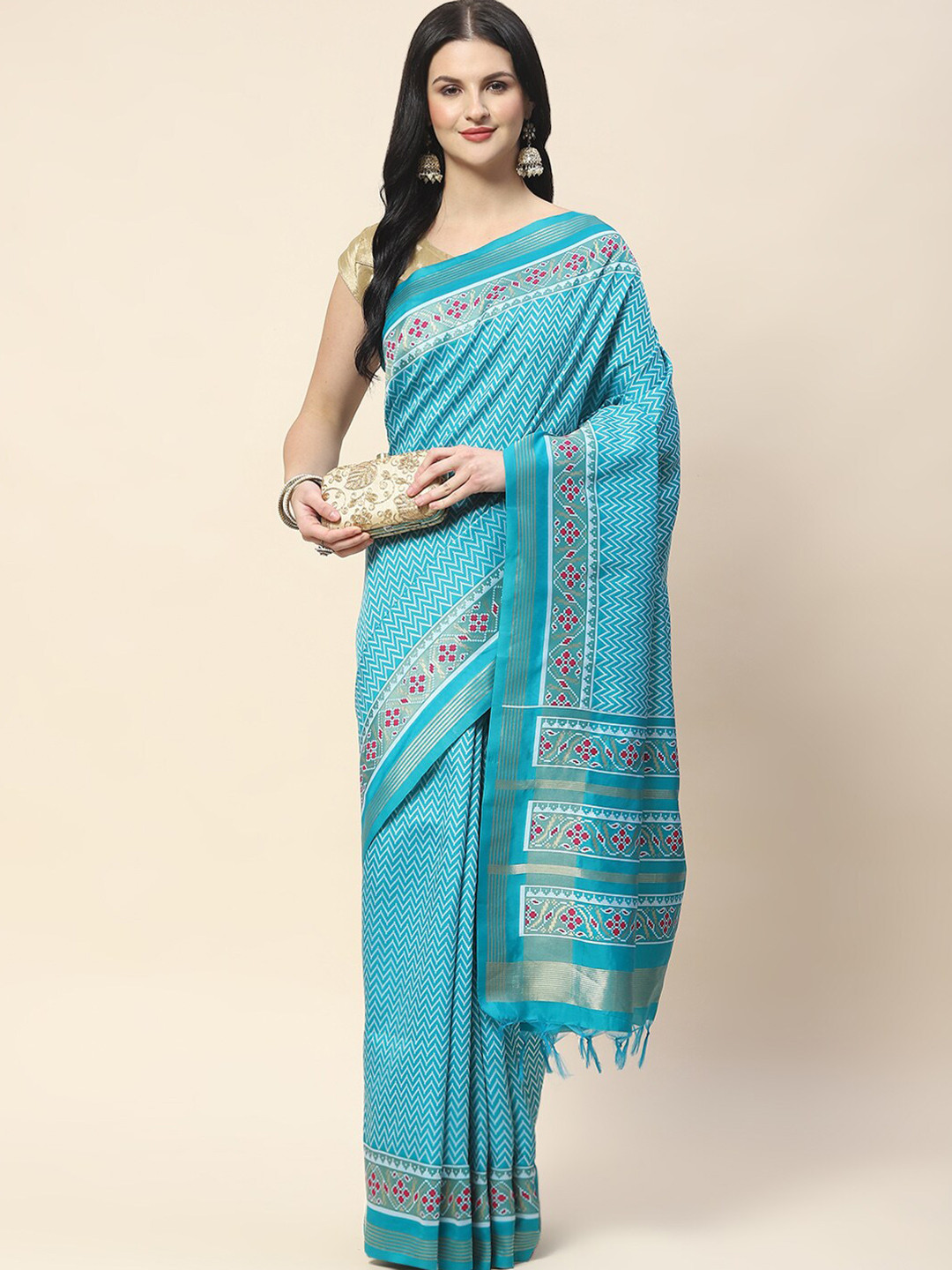 

Meena Bazaar Geometric Woven Design Zari Saree, Blue