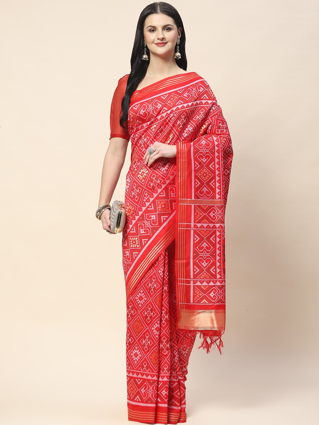

Meena Bazaar Ethnic Motifs Woven Design Zari Saree, Red