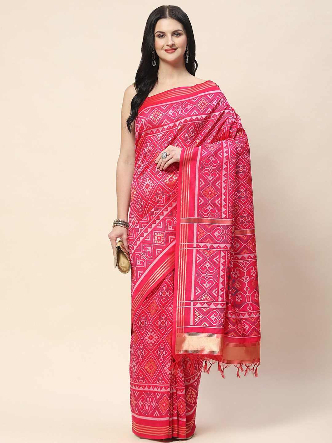 

Meena Bazaar Ethnic Motifs Woven Design Zari Saree, Pink
