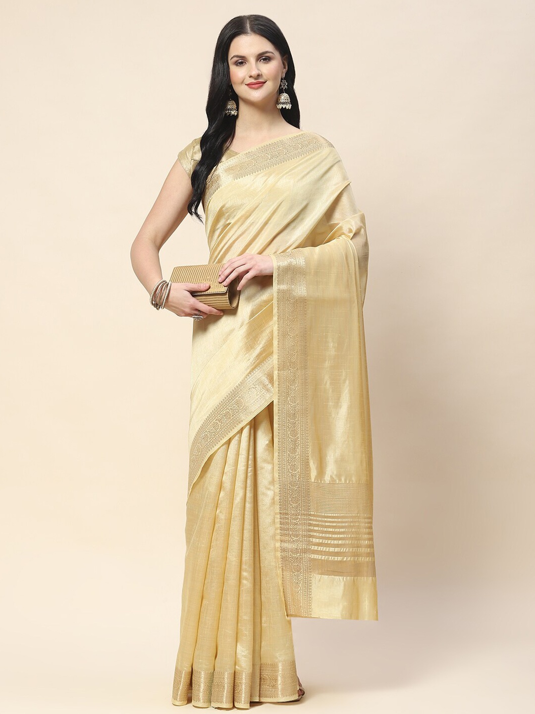 

Meena Bazaar Zari Art Silk Saree, Beige