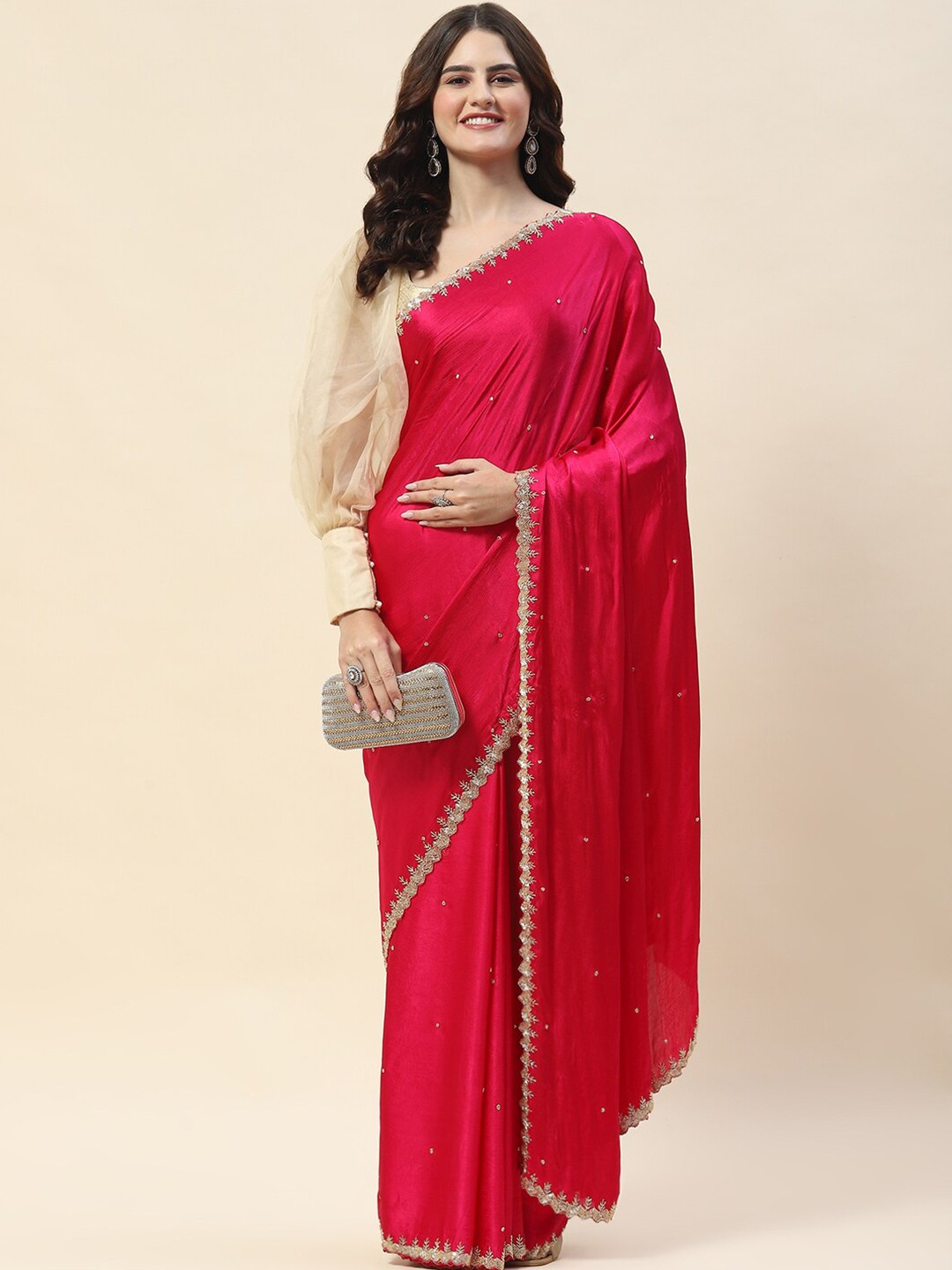 

Meena Bazaar Embellished Beads and Stones Satin Saree, Pink