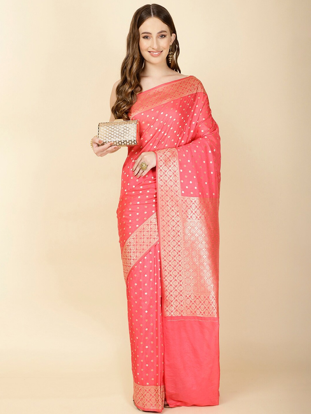 

Meena Bazaar Ethnic Motifs Woven Design Zari Saree, Peach
