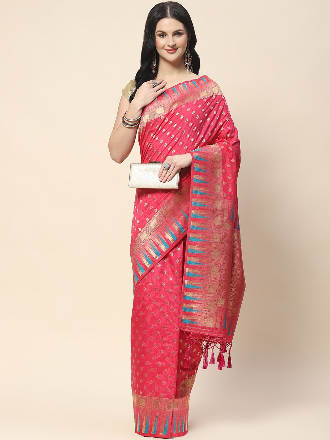 

Meena Bazaar Ethnic Motifs Woven Design Zari Saree, Pink