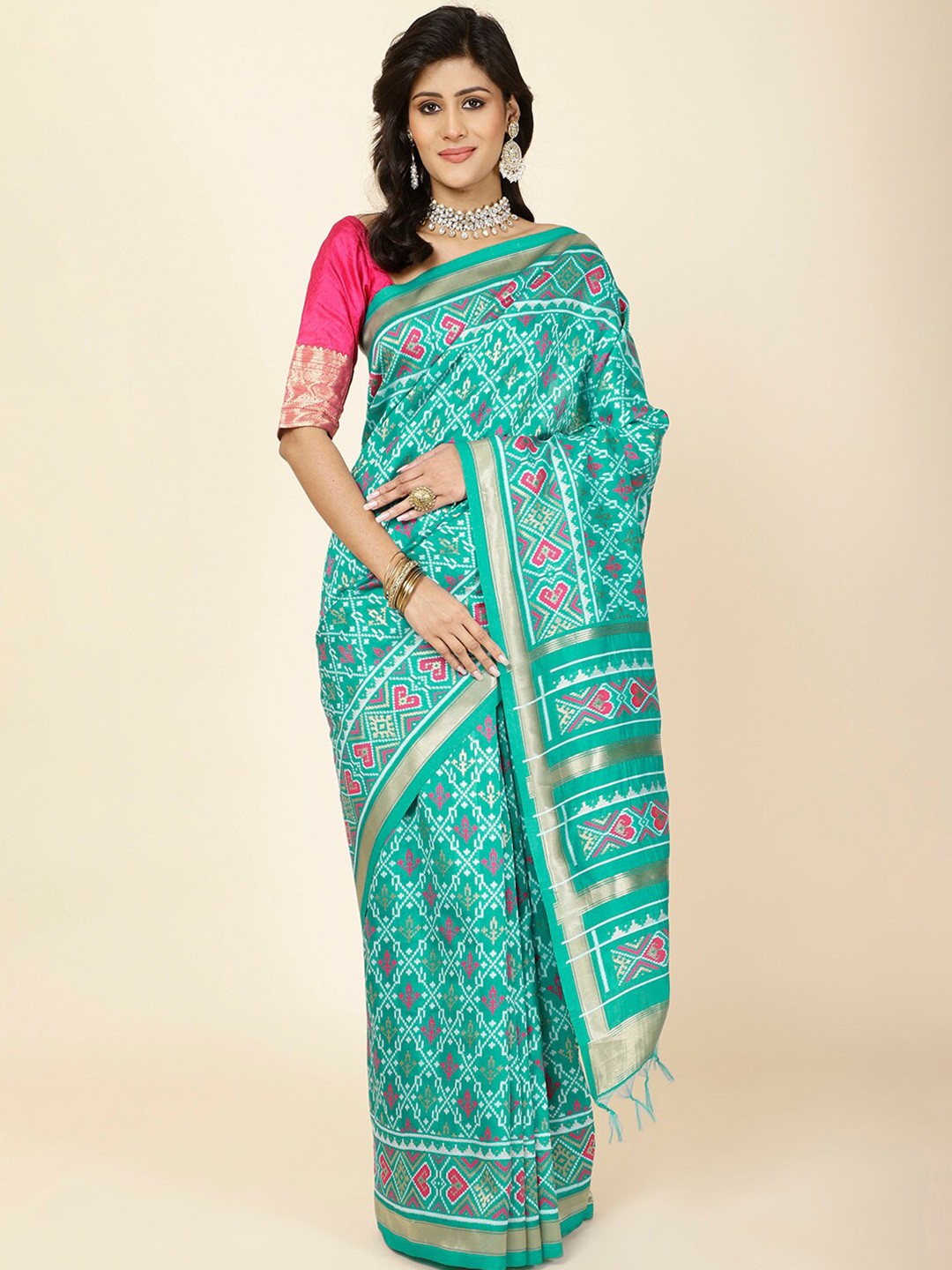 

Meena Bazaar Ethnic Motifs Woven Design Zari Saree, Sea green