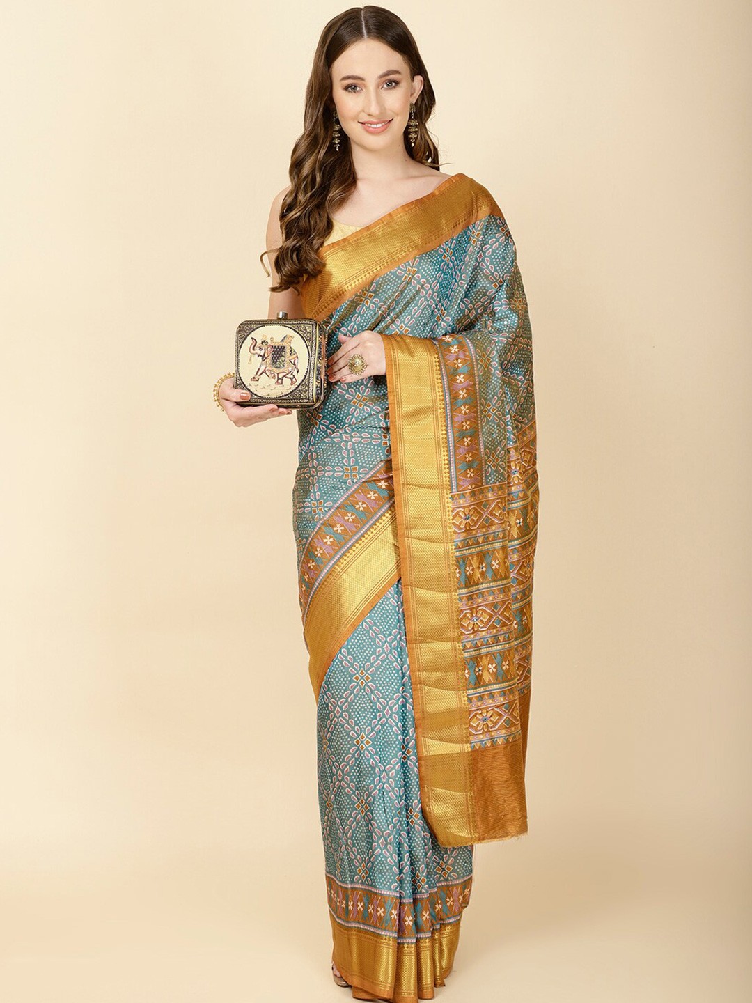 

Meena Bazaar Geometric Printed Zari Saree, Sea green