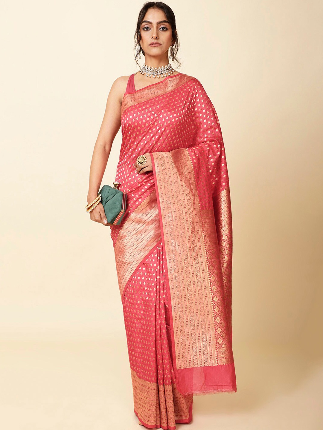 

Meena Bazaar Ethnic Motifs Woven Design Zari Saree, Pink