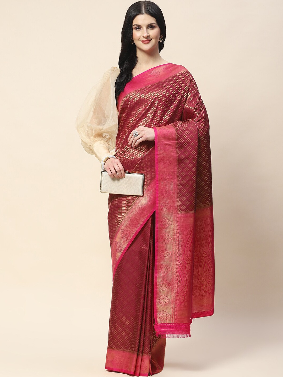 

Meena Bazaar Ethnic Motifs Woven Design Zari Saree, Burgundy