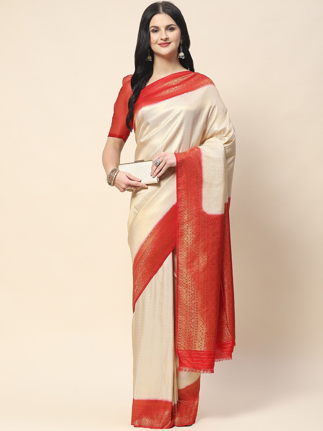 

Meena Bazaar Ethnic Motifs Woven Design Zari Saree, Beige