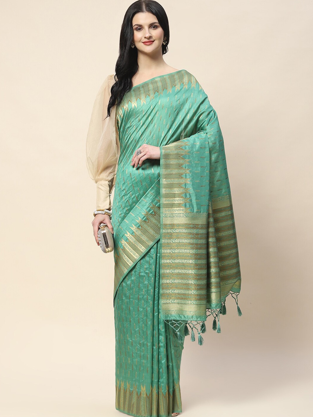 

Meena Bazaar Ethnic Motifs Woven Design Zari Saree, Green