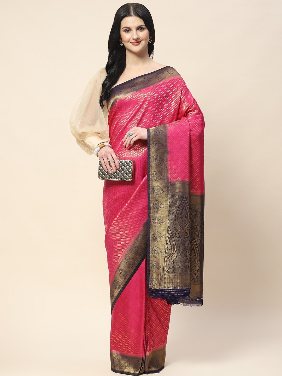

Meena Bazaar Ethnic Motifs Woven Design Zari Saree, Pink