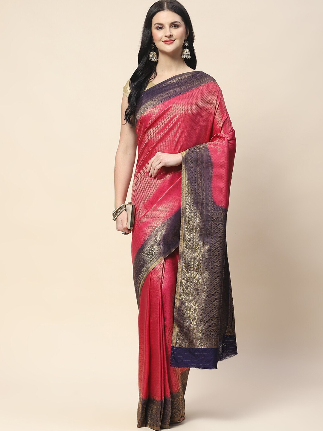 

Meena Bazaar Ethnic Motifs Woven Design Zari Saree, Pink