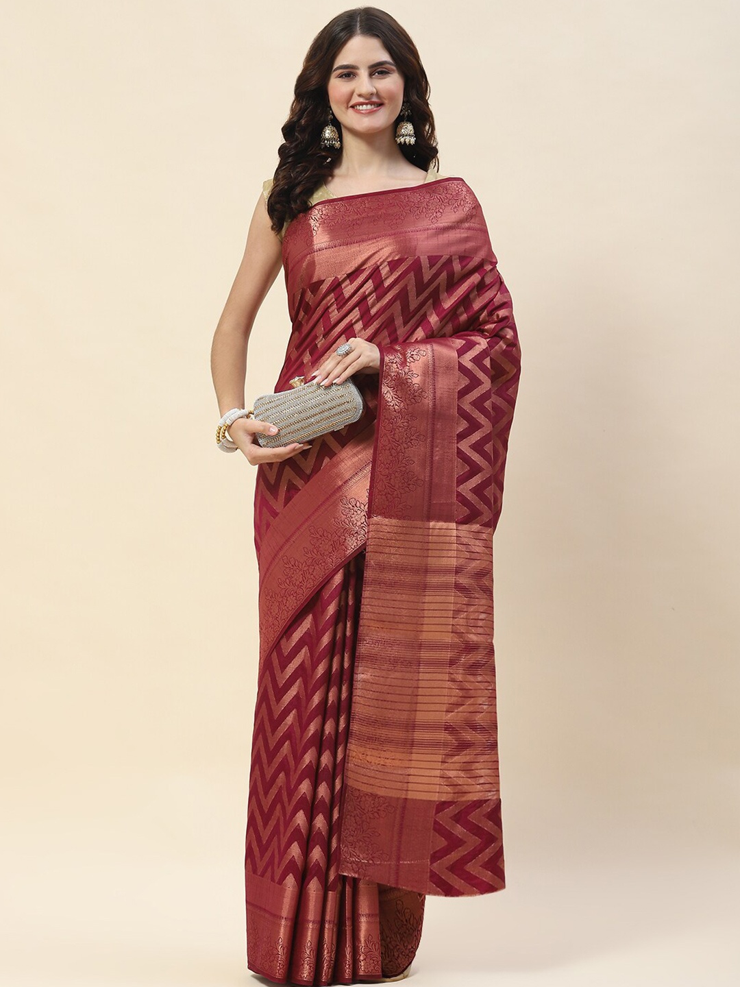 

Meena Bazaar Geometric Woven Design Zari Saree, Burgundy
