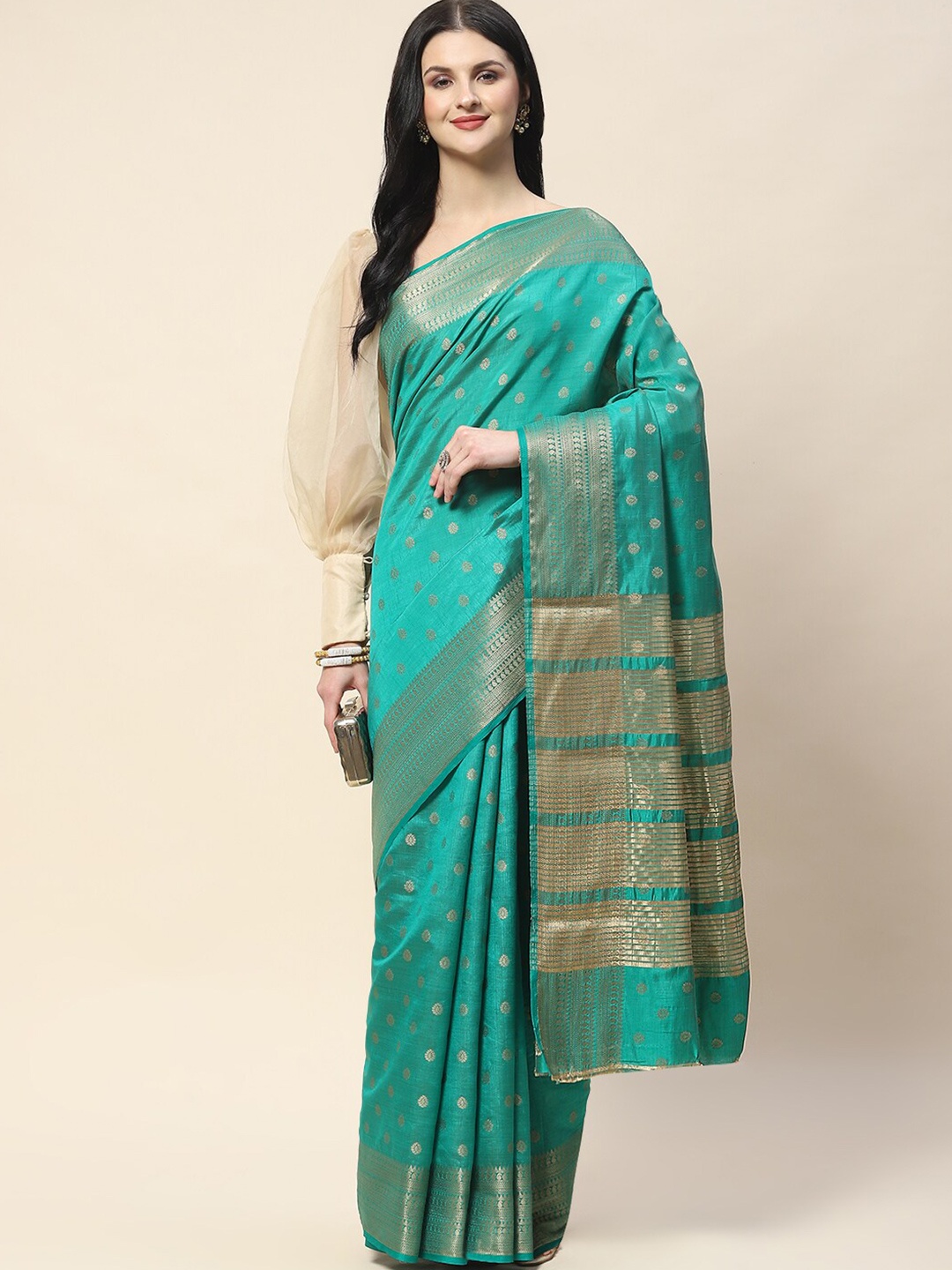 

Meena Bazaar Ethnic Motifs Woven Design Zari Saree, Green