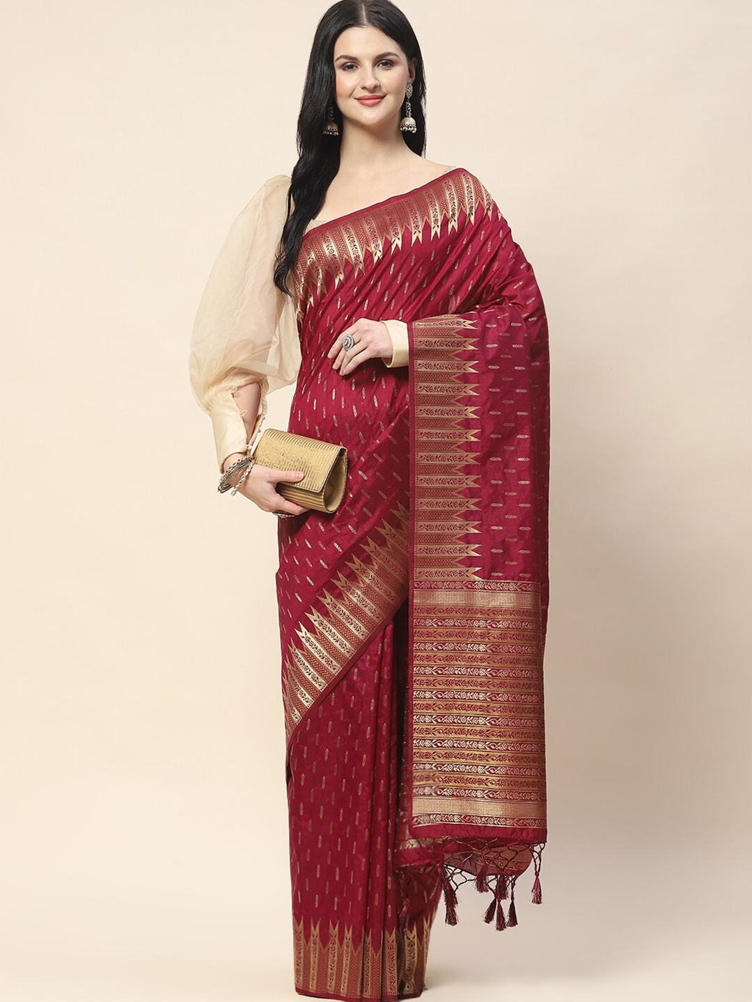 

Meena Bazaar Ethnic Motifs Woven Design Zari Saree, Maroon