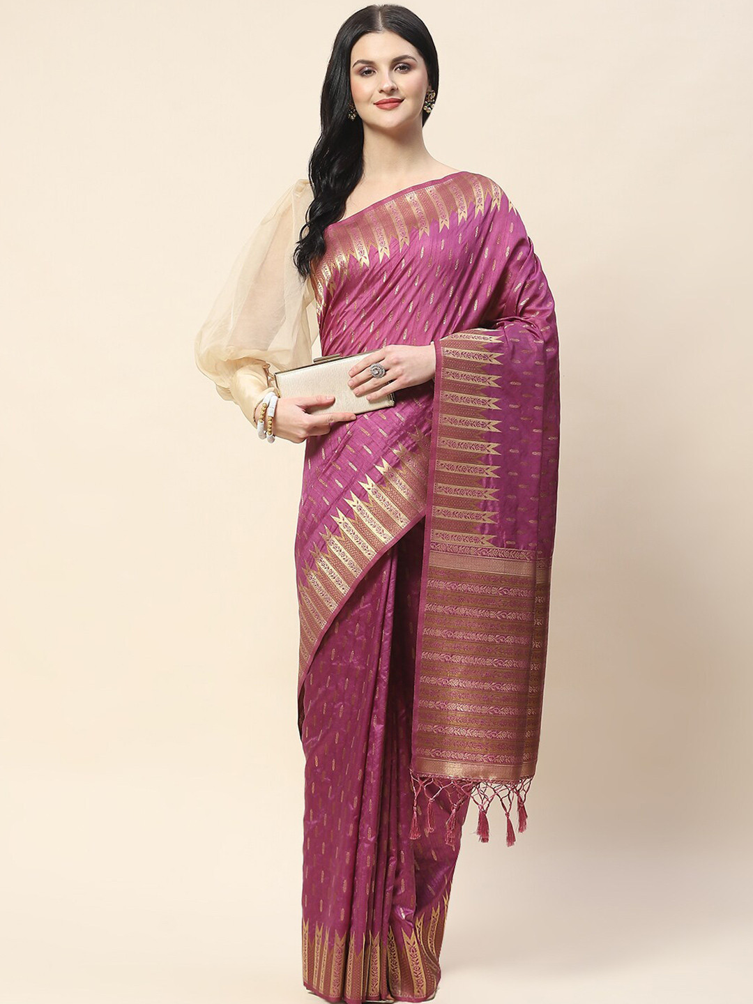 

Meena Bazaar Ethnic Motifs Woven Design Zari Saree, Purple