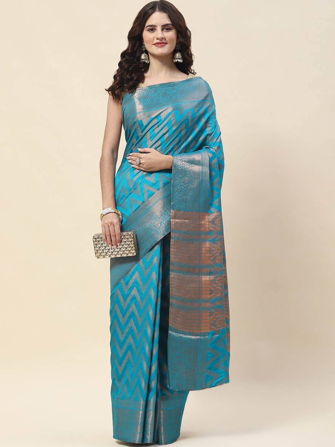 

Meena Bazaar Chevron Woven Design Zari Art Silk Saree, Blue
