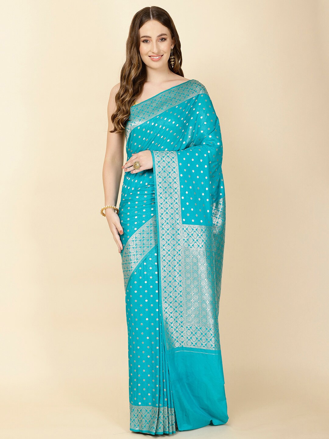 

Meena Bazaar Ethnic Motifs Woven Design Zari Saree, Blue