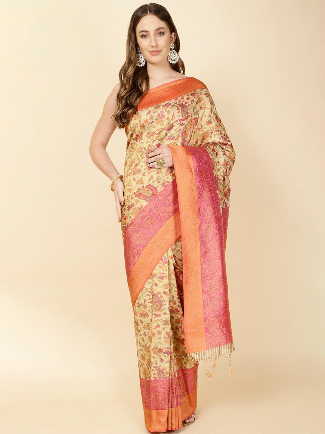 

Meena Bazaar Floral Printed Zari Saree, Beige