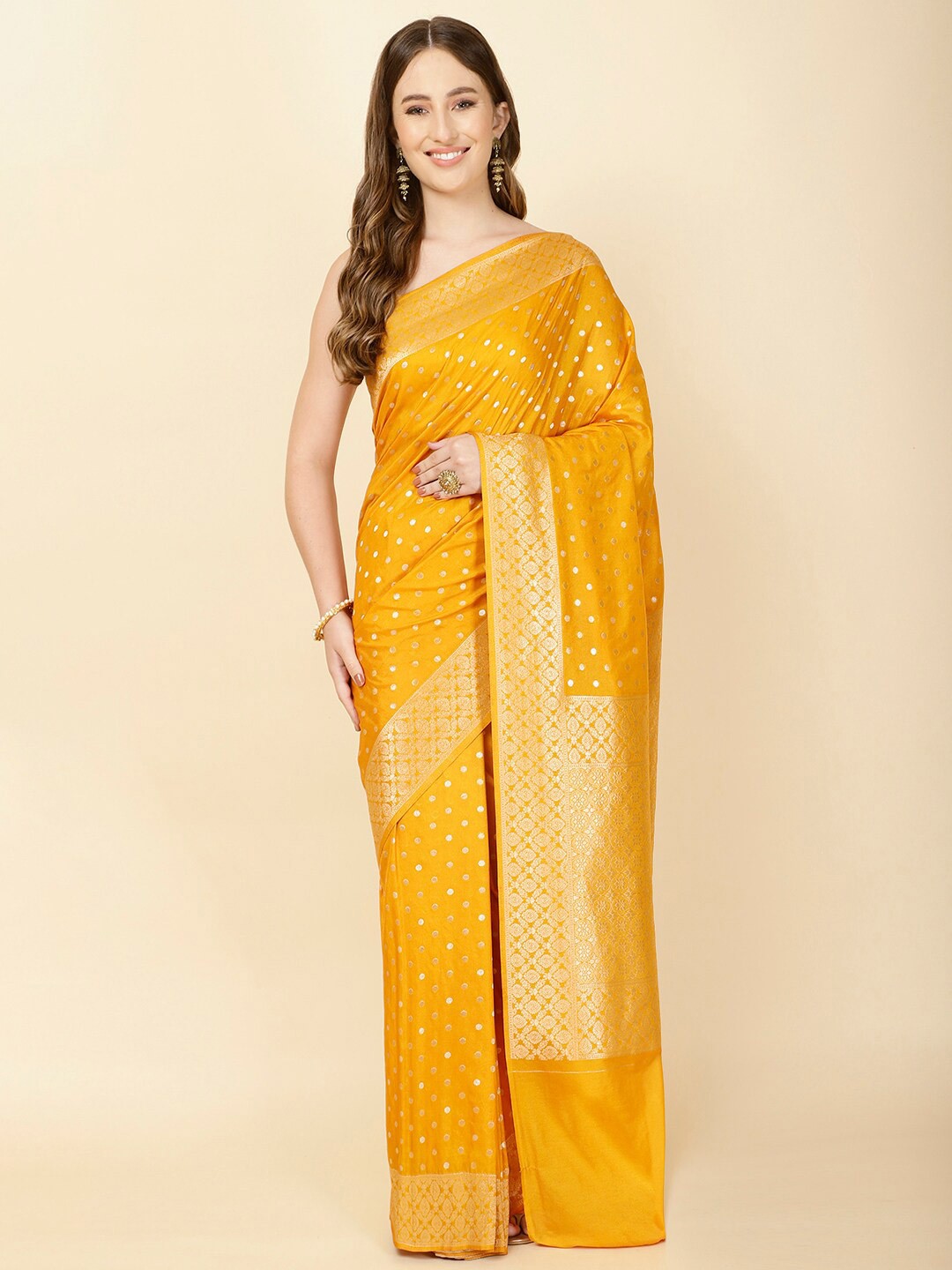 

Meena Bazaar Polka Dots Woven Design Zari Saree, Yellow