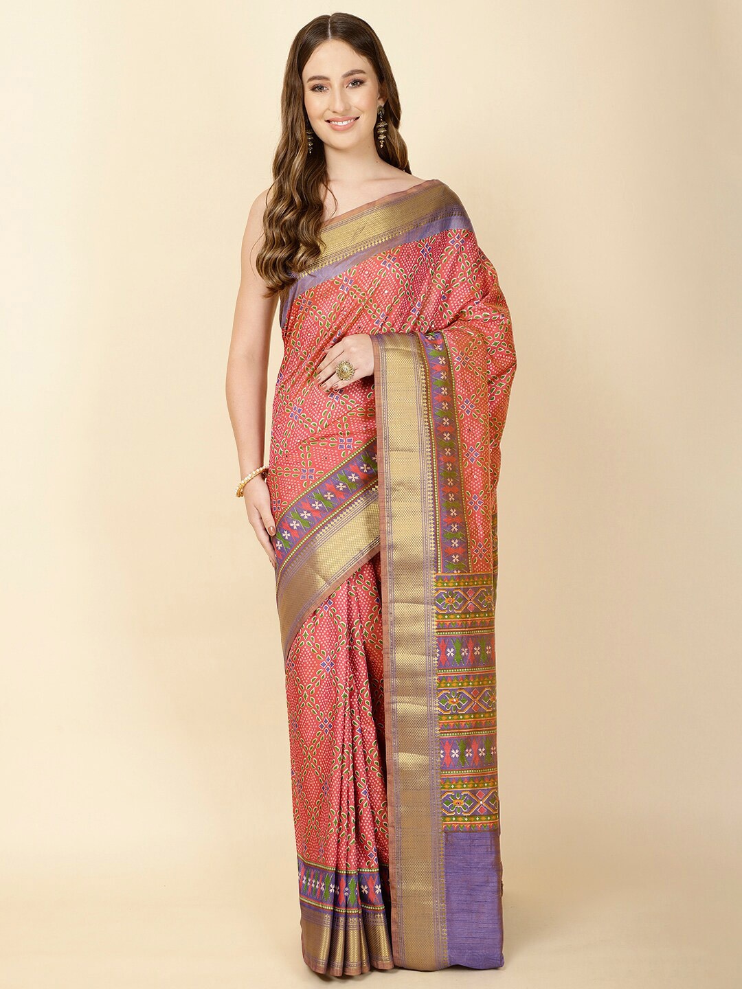 

Meena Bazaar Bandhani Printed Zari Saree, Pink