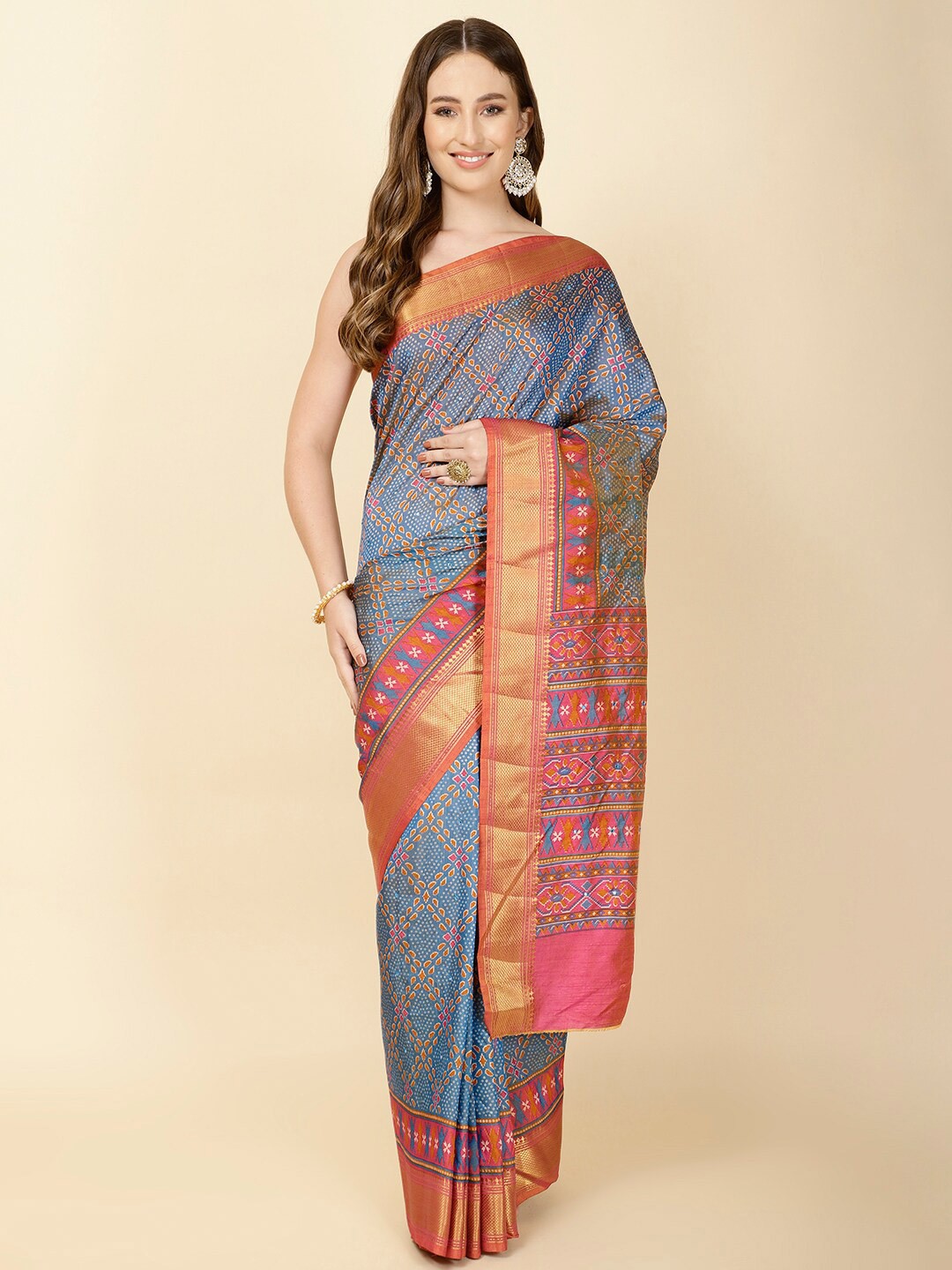

Meena Bazaar Ethnic Motifs Woven Design Zari Saree, Blue