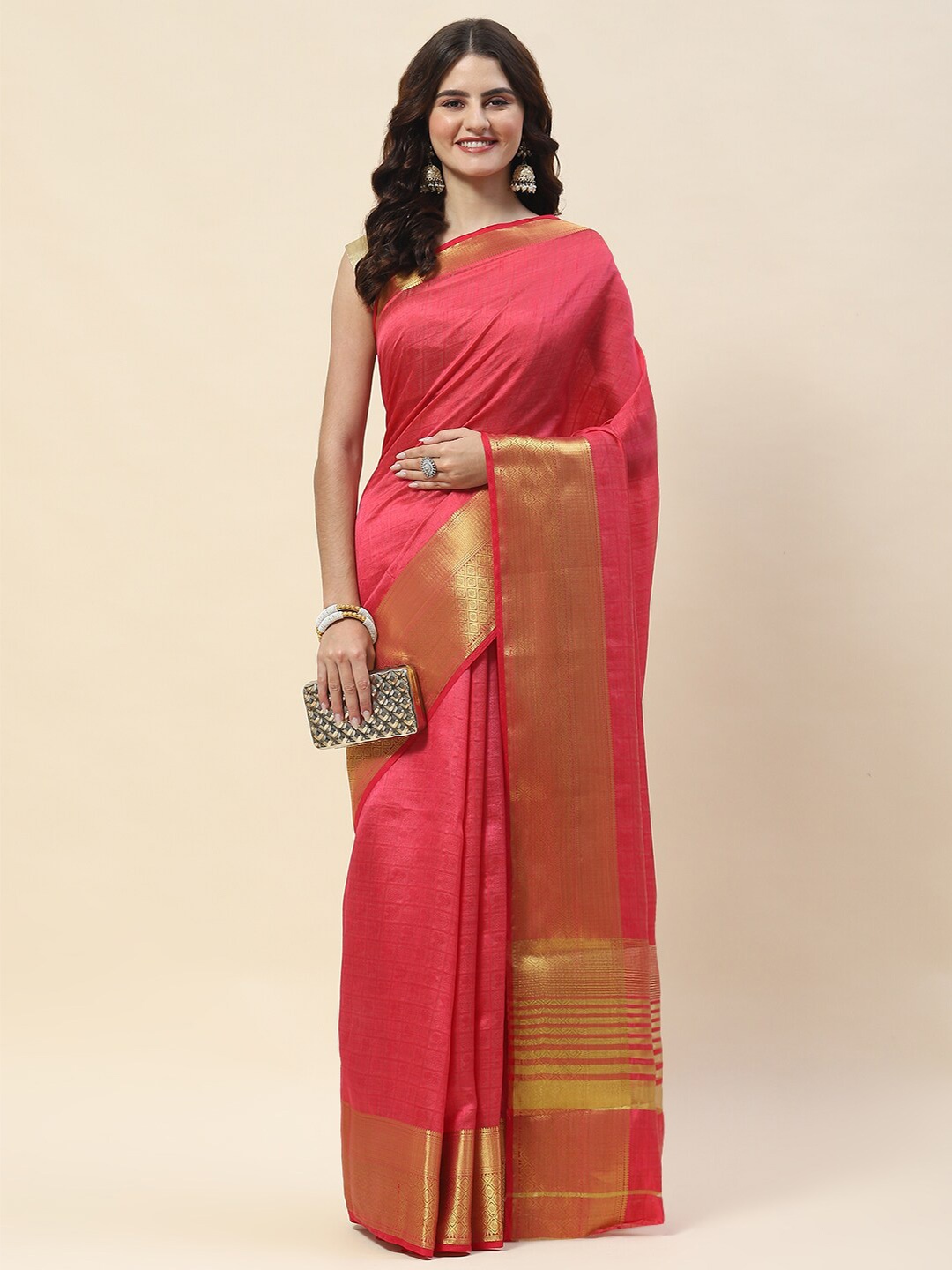 

Meena Bazaar Zari Art Silk Saree, Pink