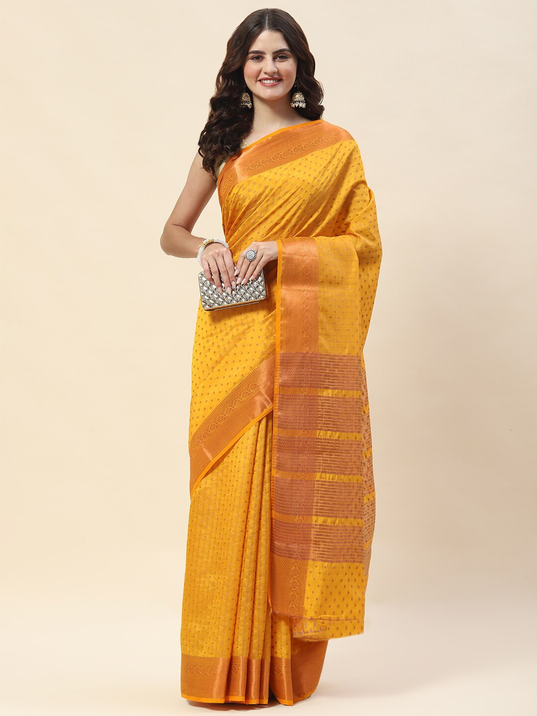 

Meena Bazaar Ethnic Motifs Woven Design Zari Saree, Yellow