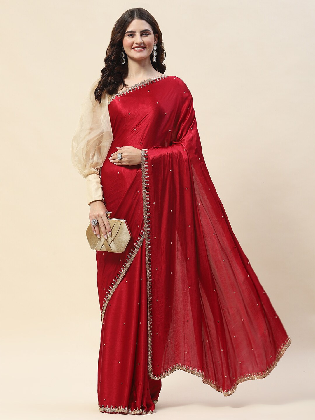 

Meena Bazaar Embellished Beads and Stones Satin Saree, Maroon