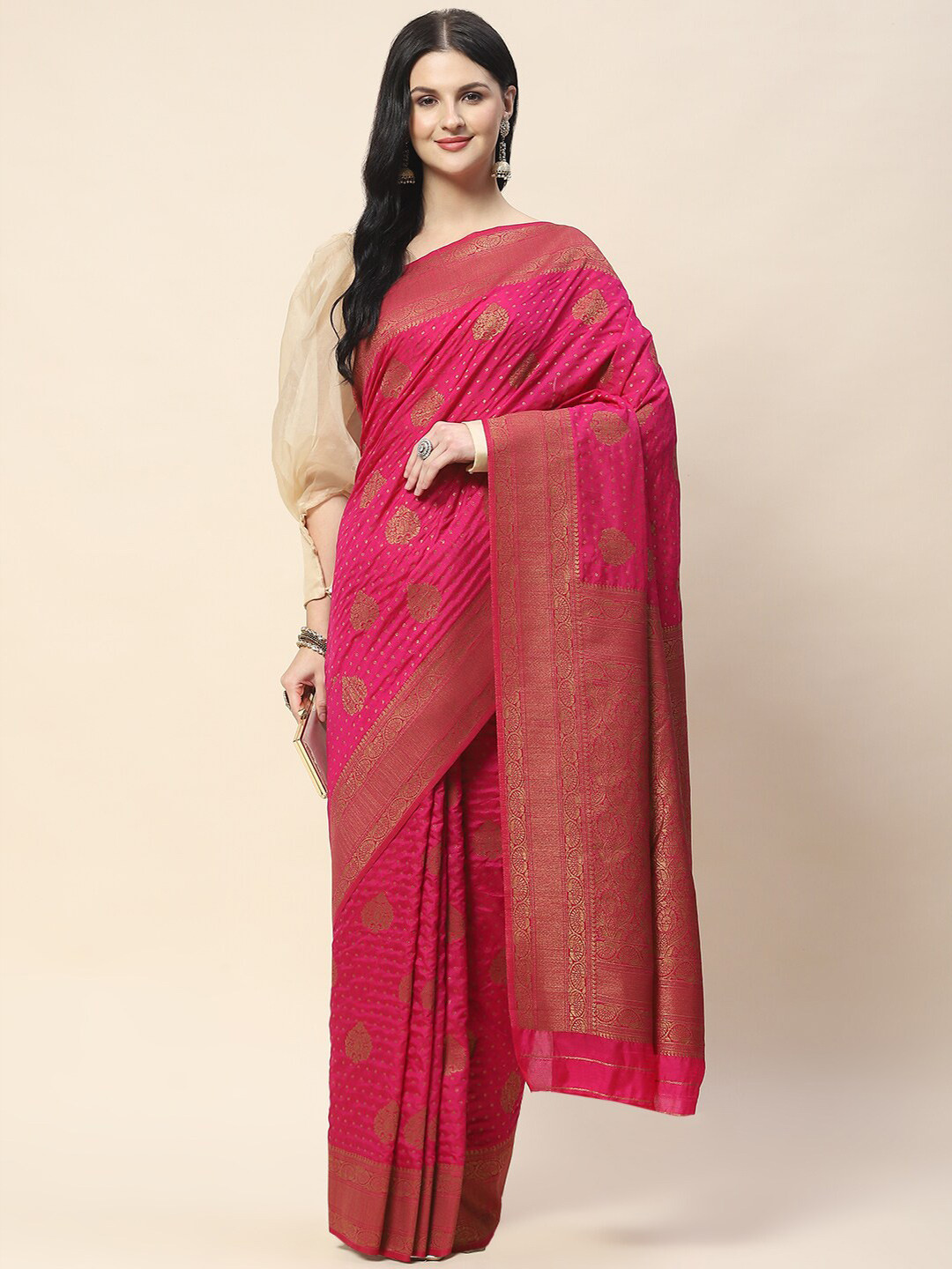 

Meena Bazaar Ethnic Motifs Woven Design Zari Saree, Pink