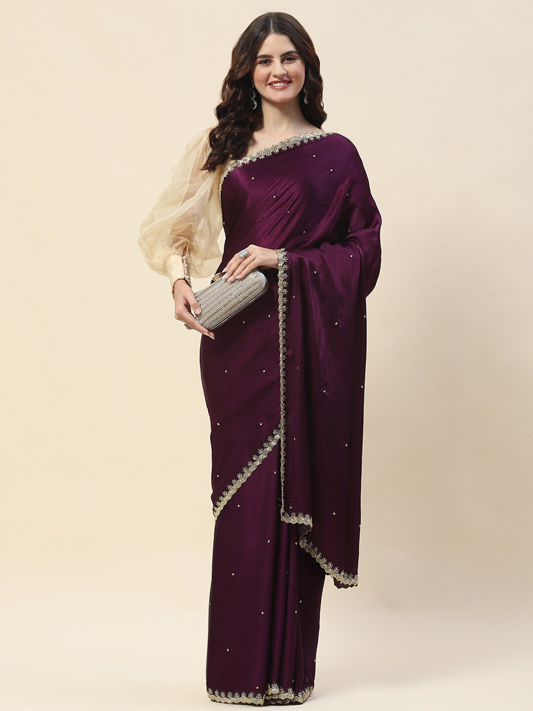 

Meena Bazaar Embellished Beads and Stones Satin Saree, Purple