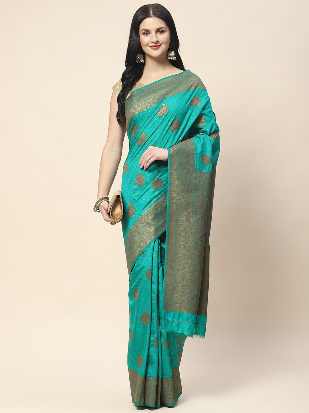 

Meena Bazaar Ethnic Motifs Woven Design Zari Saree, Sea green