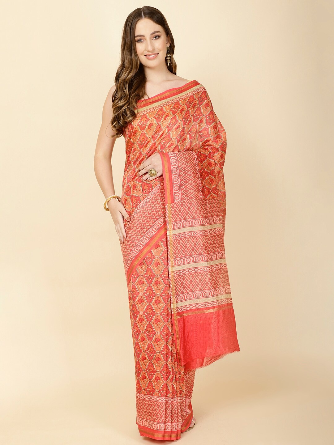 

Meena Bazaar Ethnic Motifs Printed Zari Saree, Red