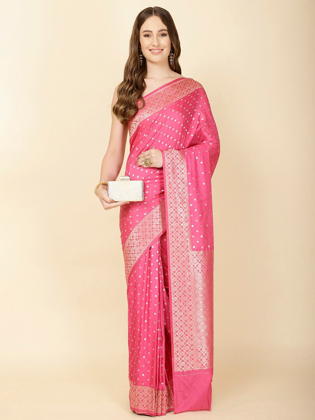 

Meena Bazaar Ethnic Motifs Woven Design Zari Saree, Pink