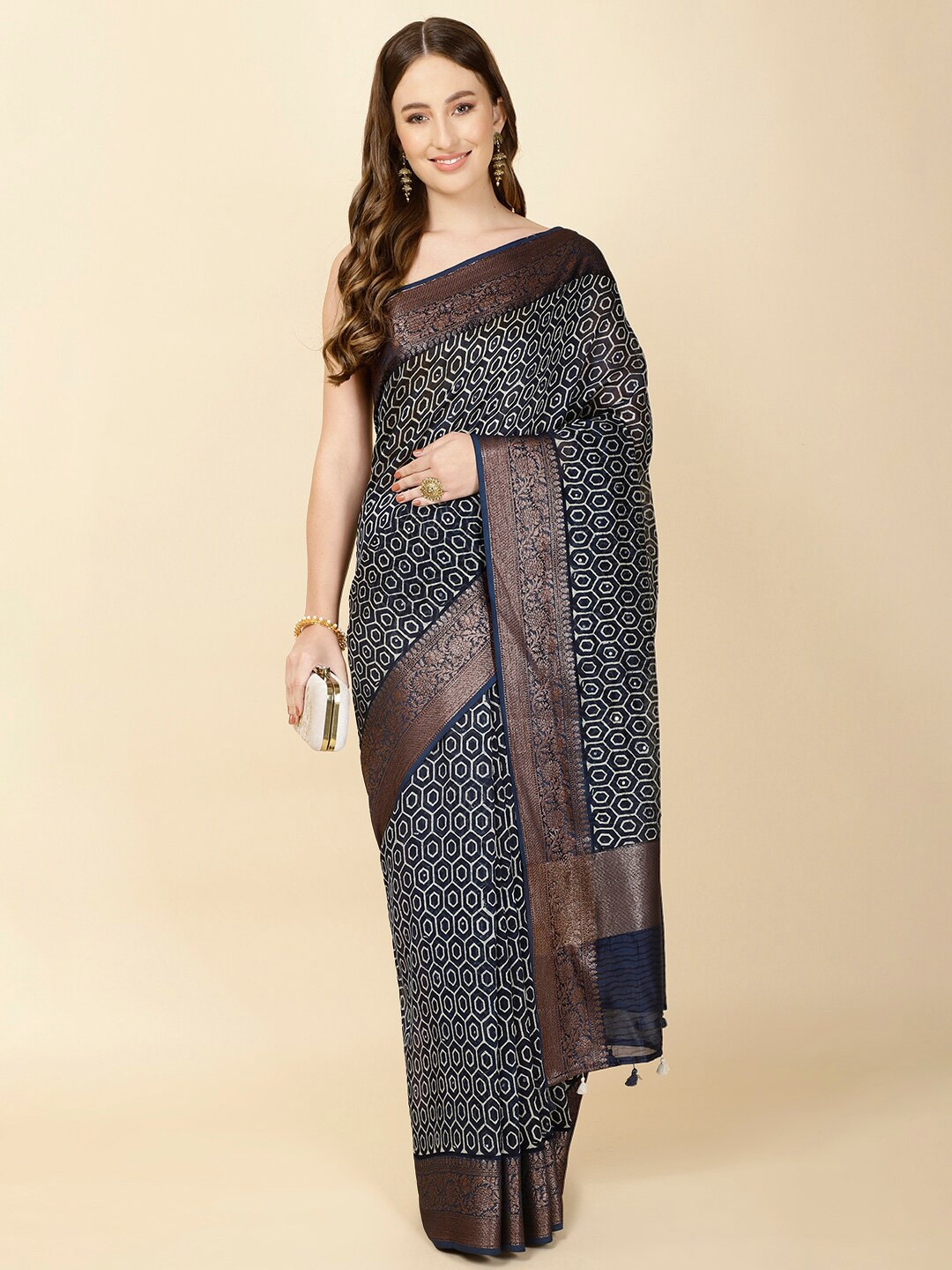 

Meena Bazaar Geometric Printed Zari Saree, Navy blue