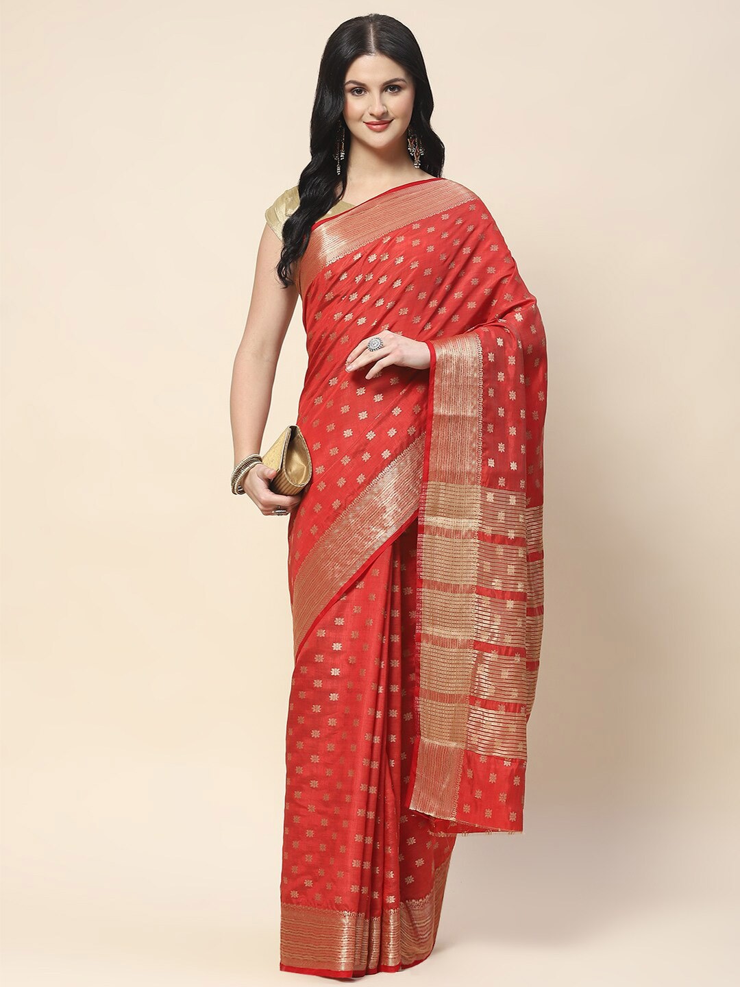 

Meena Bazaar Ethnic Motifs Woven Design Zari Saree, Red