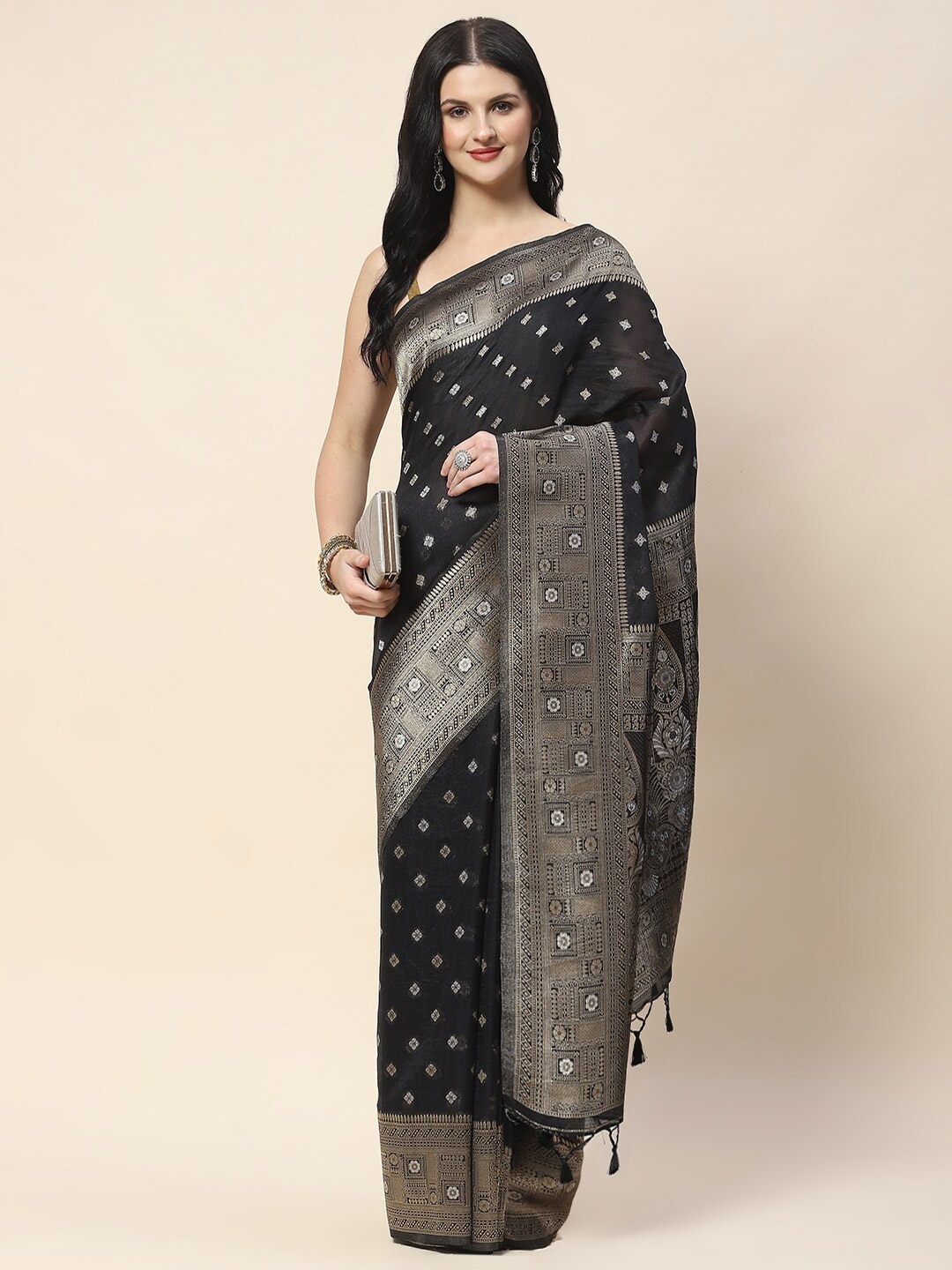 

Meena Bazaar Ethnic Motifs Woven Design Zari Saree, Black