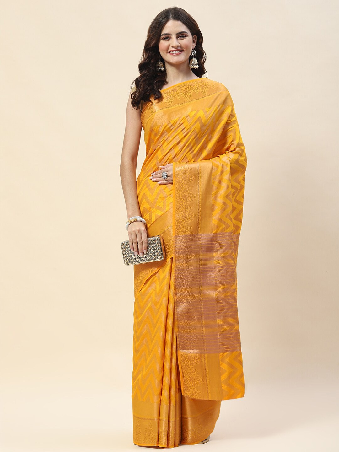 

Meena Bazaar Chevron Woven Design Zari Saree, Yellow