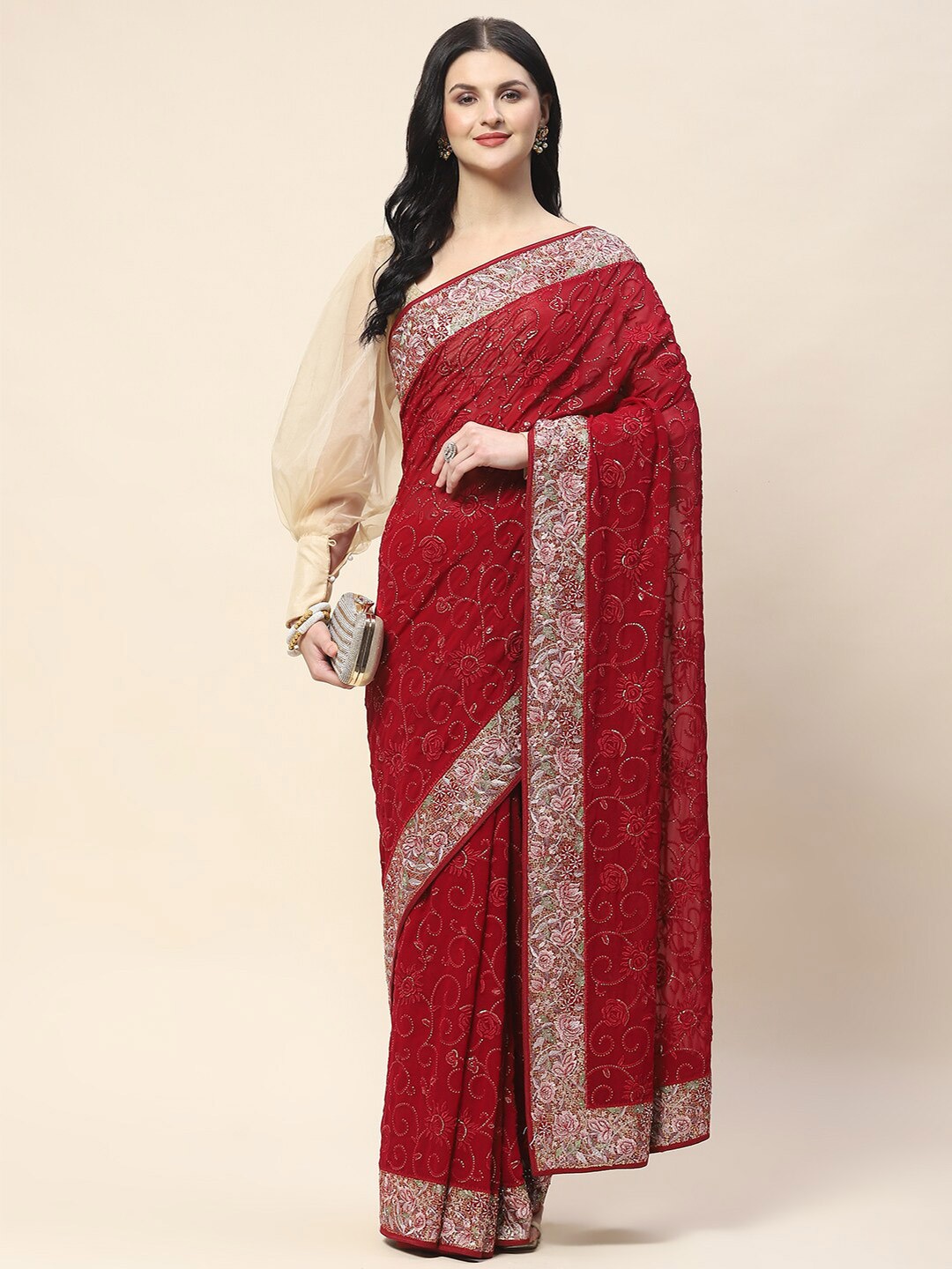 

Meena Bazaar Floral Embellished Saree, Maroon
