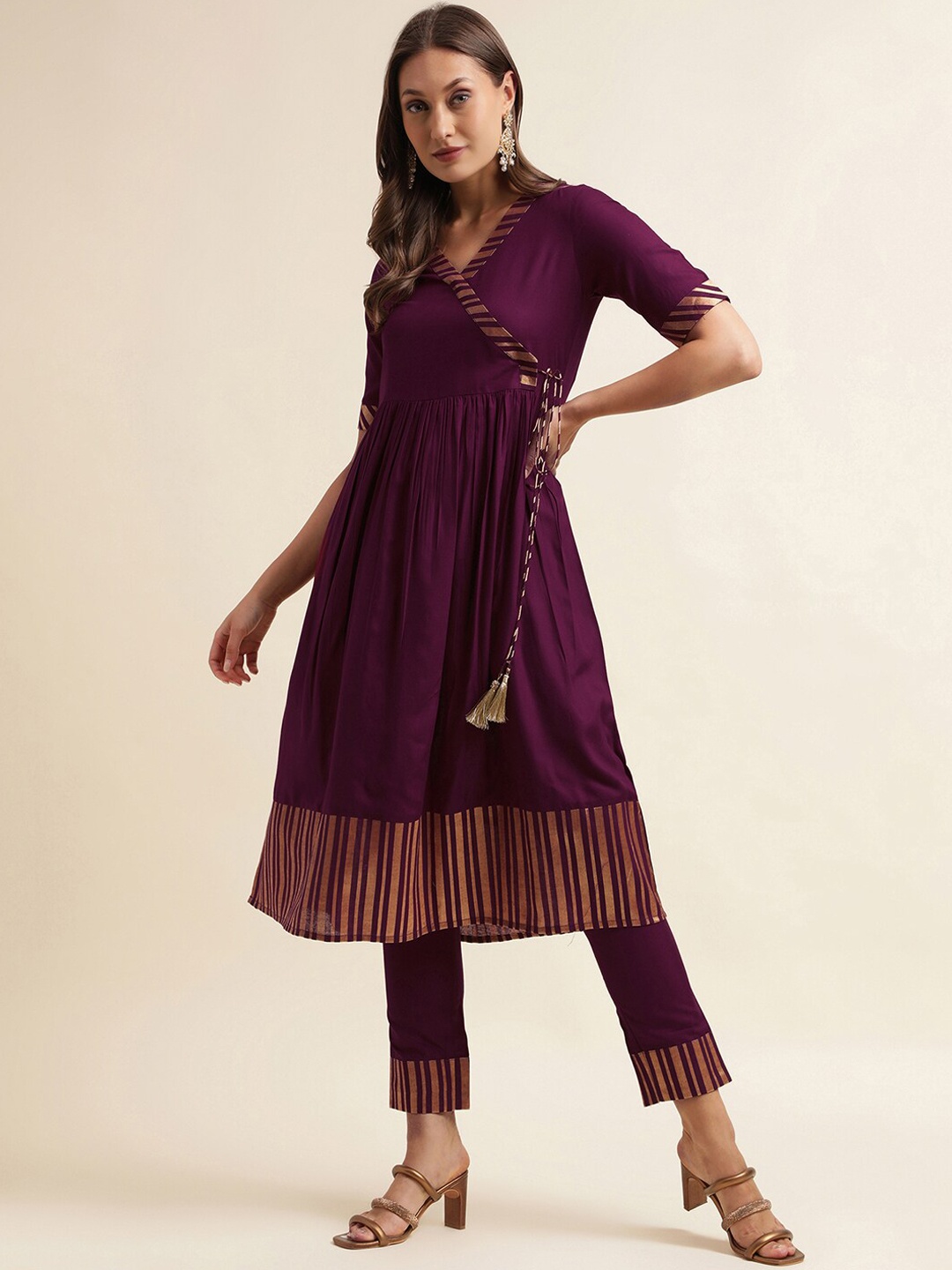 

SKYLEE Zari Angrakha Anarkali Kurta with Trousers, Purple