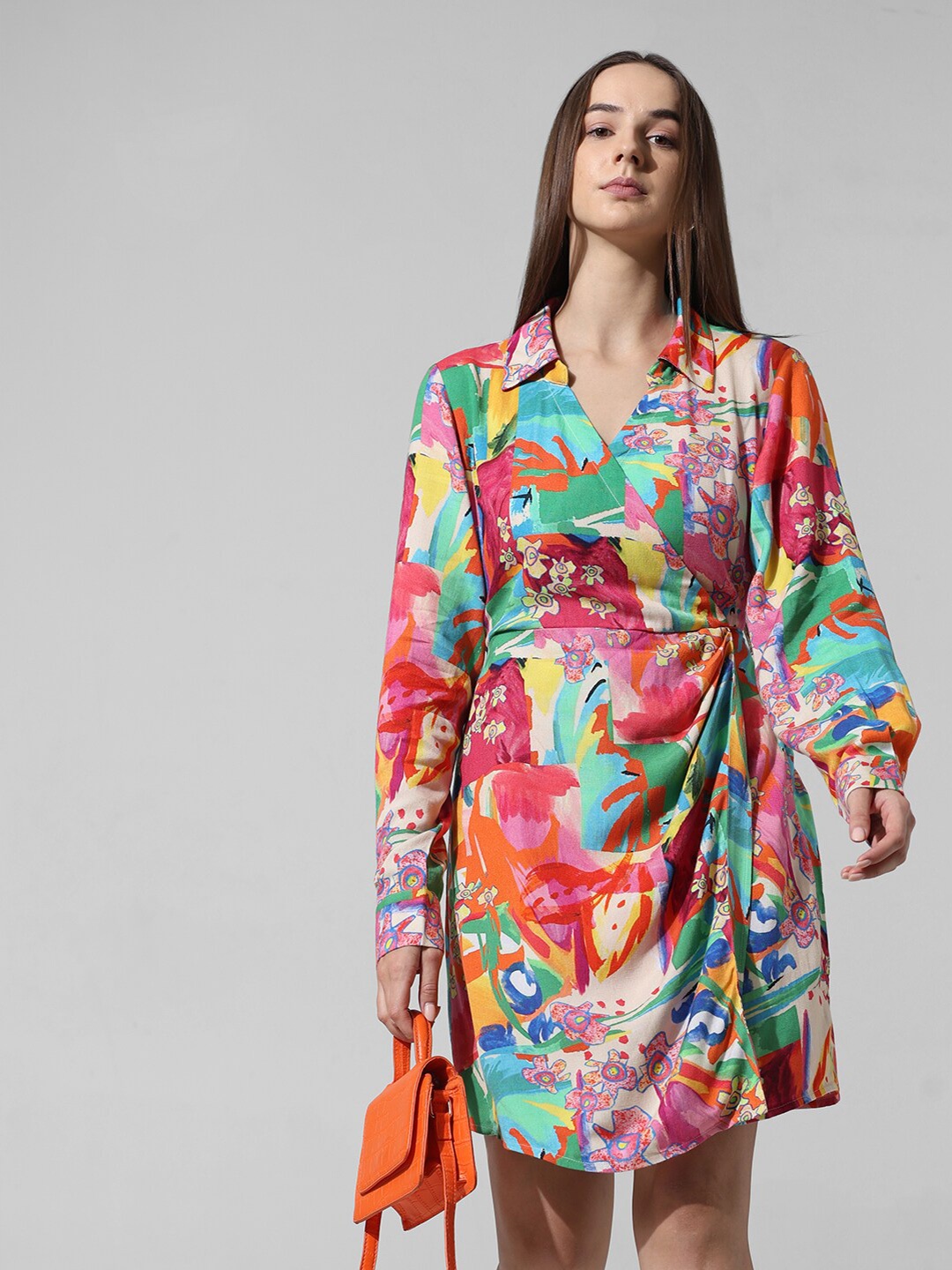 

ONLY Abstract Printed Shirt Collar Wrap Dress, Orange