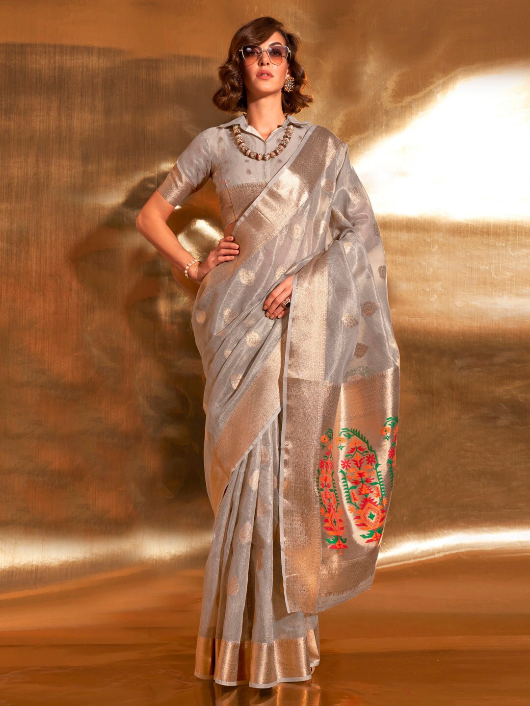 

Mitera Woven Design Zari Tissue Banarasi Saree, Grey